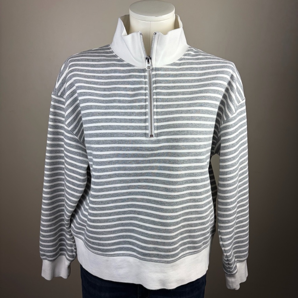 J. Crew M boxy cozy classic nautical White and Gray Striped quarter Zip Sweater